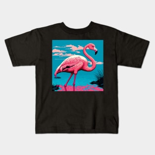 Flamingo in a Lake against Azure Sly with Pink Clouds Kids T-Shirt